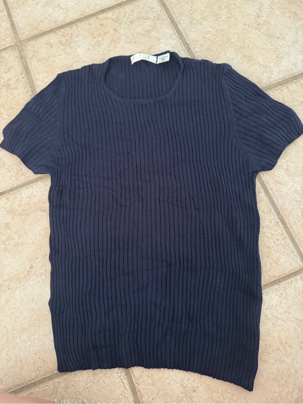 TSE Size L Navy Blue Cashmere Silk Short Sleeve Ribbed Pullover Shirt